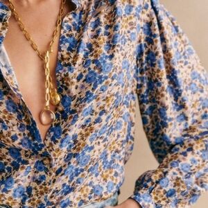 Sezane Irina Blue and Cream Floral Button-Down Blouse size 34